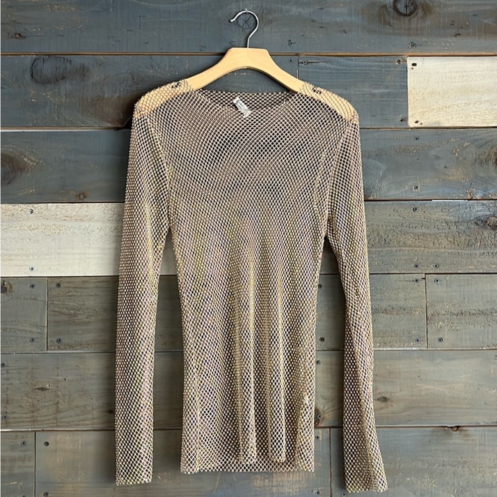 Free People Filter Finish Long Sleeve Sheer Rhinestone
Mesh Top Ivory (Size XS)